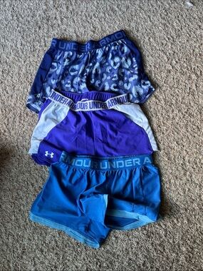 Under Armour Girl’s L, Athletic Shorts Bundle - Navy Leopard, Purple, Teal Blue